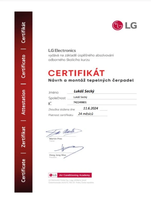Certifikát LG Electronics - Návrh a montáž tepelných čerpadel pro Lukáše Seckého