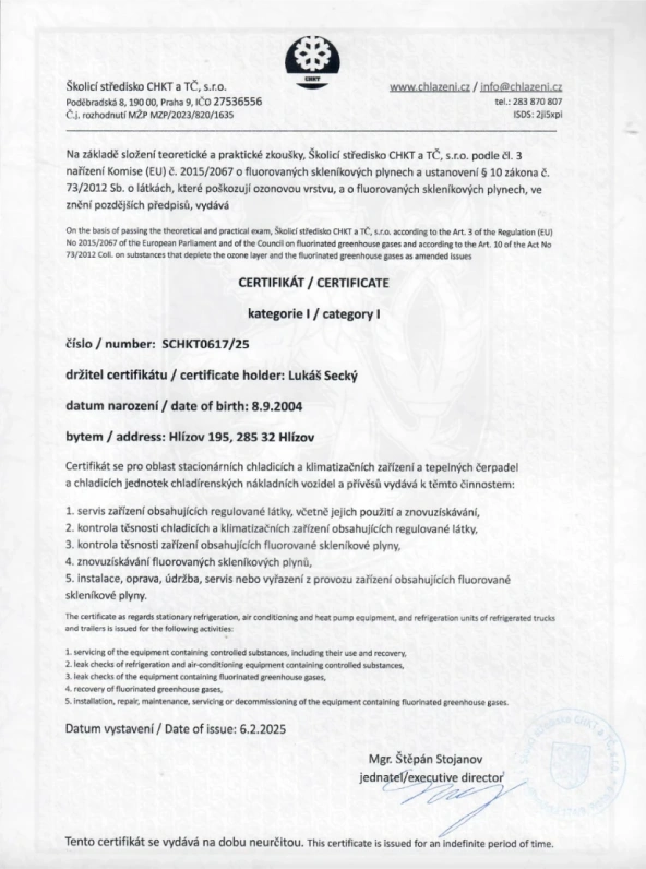 Osvědčení SCHKT - Certifikát F-plyn kategorie I pro Lukáše Seckého