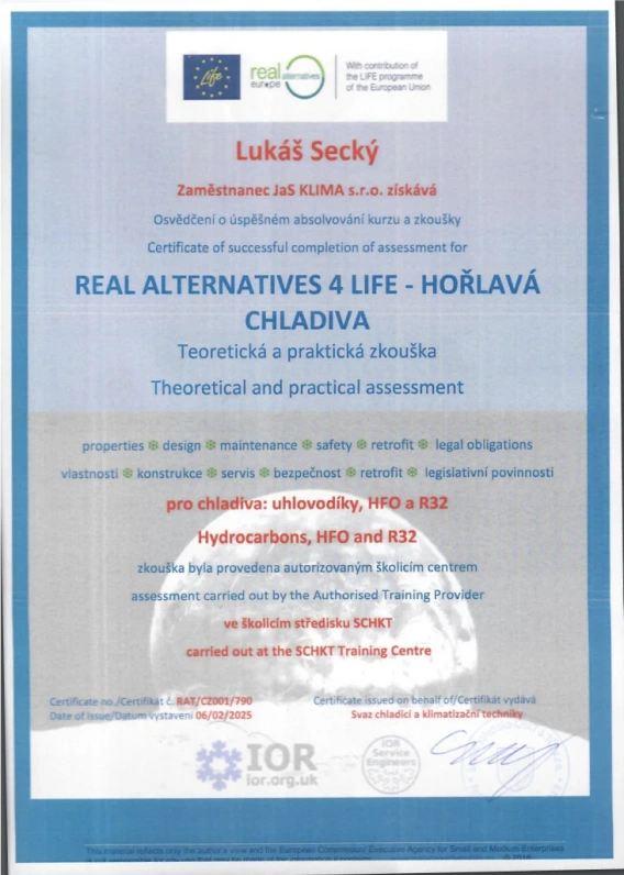 Certifikát Real Alternatives 4 LIFE - Hořlavá chladiva pro Lukáše Seckého