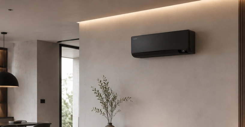 Černá designová nástěnná klimatizace v moderním obývacím pokoji