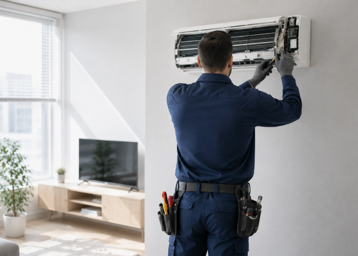 Technik čistí a servisuje odkrytovanou vnitřní jednotku nástěnné klimatizace