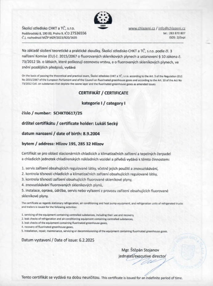 Certifikát SCHKT a TČ pro F-plyny kategorie I vydaný pro Lukáše Seckého