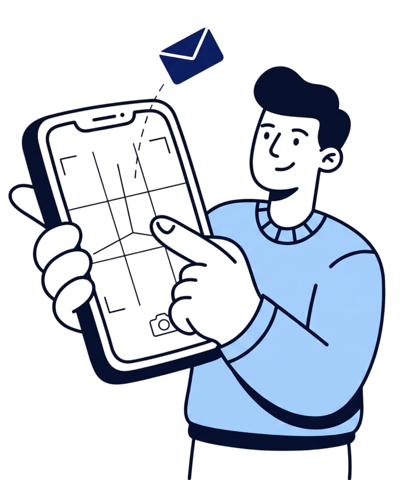 Ilustrace muže držejícího chytrý telefon a odesílajícího poptávku na klimatizaci