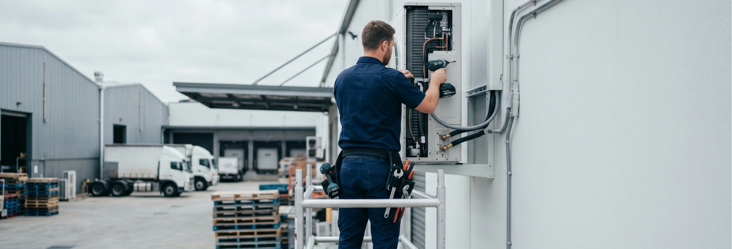 Technik na pojízdném lešení montuje venkovní jednotku klimatizace na fasádě firemní haly