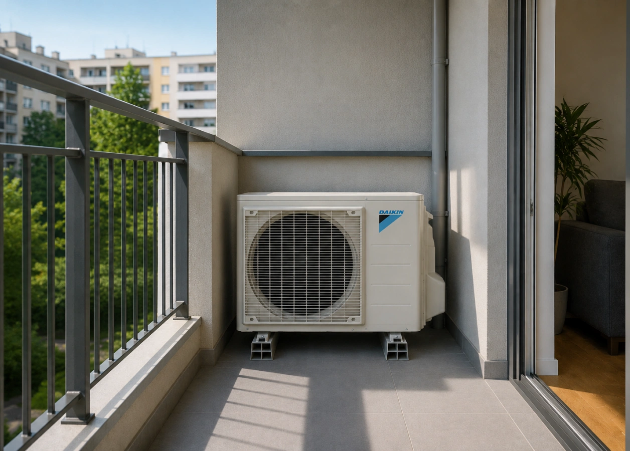 Venkovní jednotka klimatizace na balkóně bytu