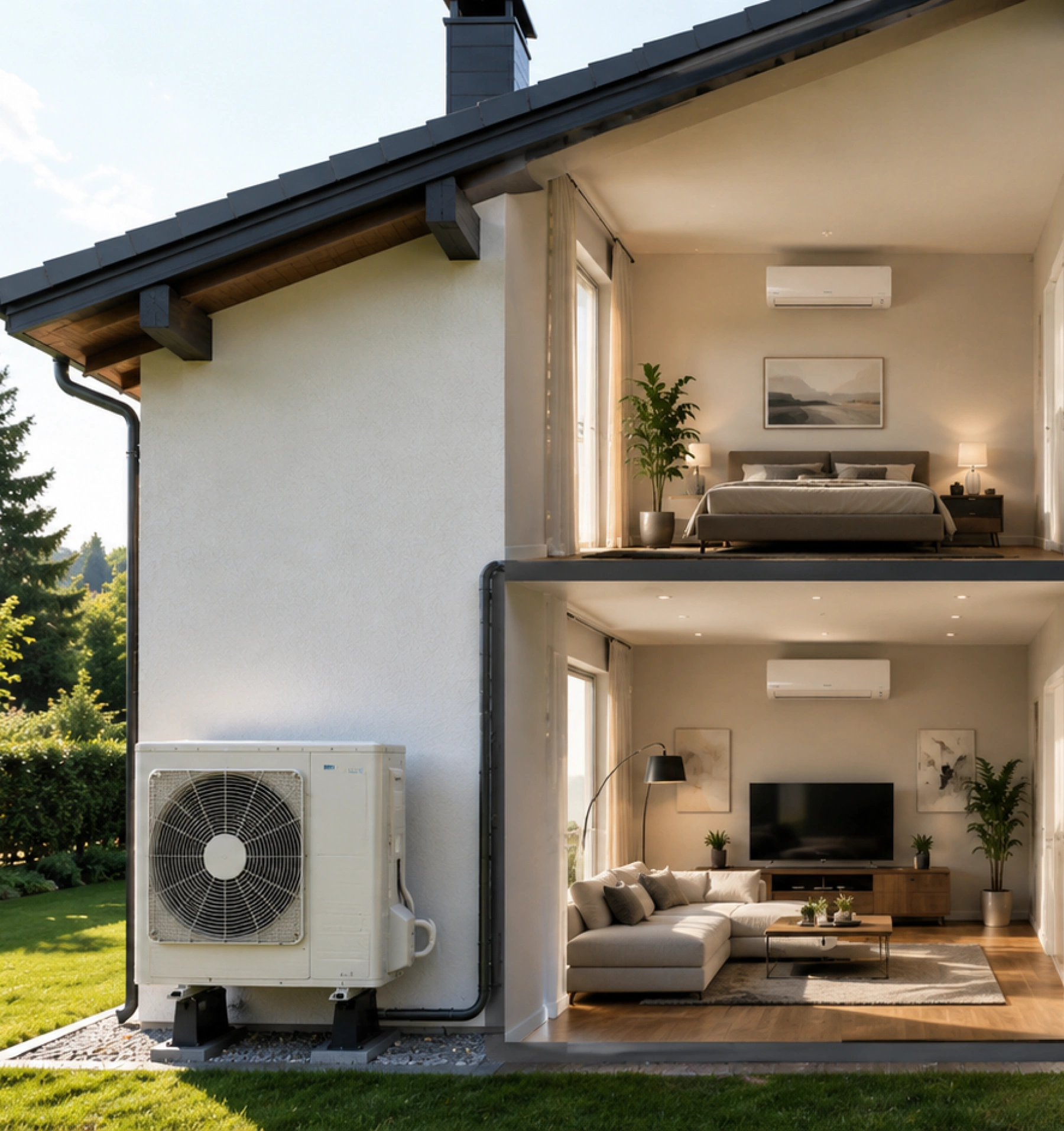 Řez rodinným domem s multisplit klimatizací: jedna venkovní jednotka a vnitřní jednotky v ložnici i obývacím pokoji
