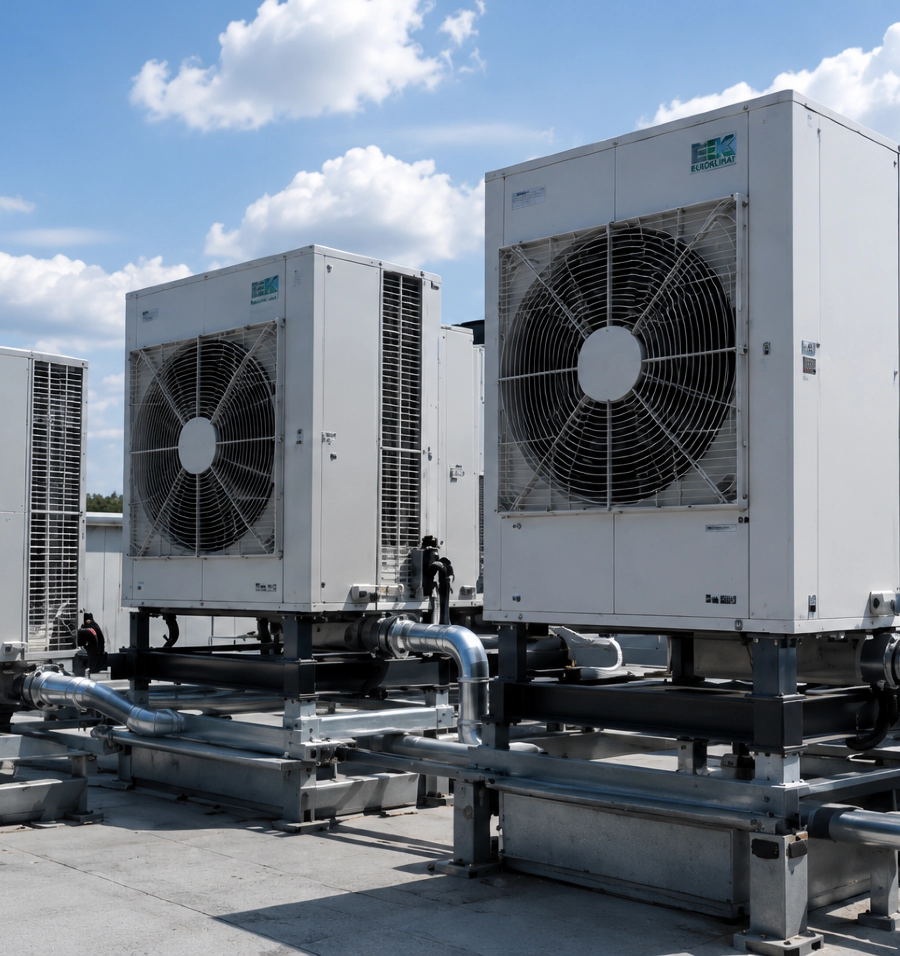 Průmyslové klimatizační jednotky s velkými ventilátory na střeše výrobní haly
